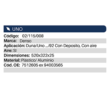 Radiadores Duna Uno 1.6 Mpi Nafta con A 322X520X20 Al Mecanico